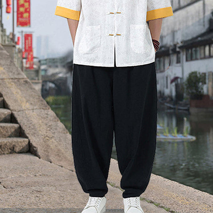 Camisa de algodón para hombre, de media manga y cuello alto, con estampado retro de flores y botones de rana, con bolsillos y estampado de piedras de Buddha Stones - image 10