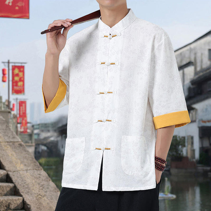 Camisa de algodón para hombre, de media manga y cuello alto, con estampado retro de flores y botones de rana, con bolsillos y estampado de piedras de Buddha Stones - image 8