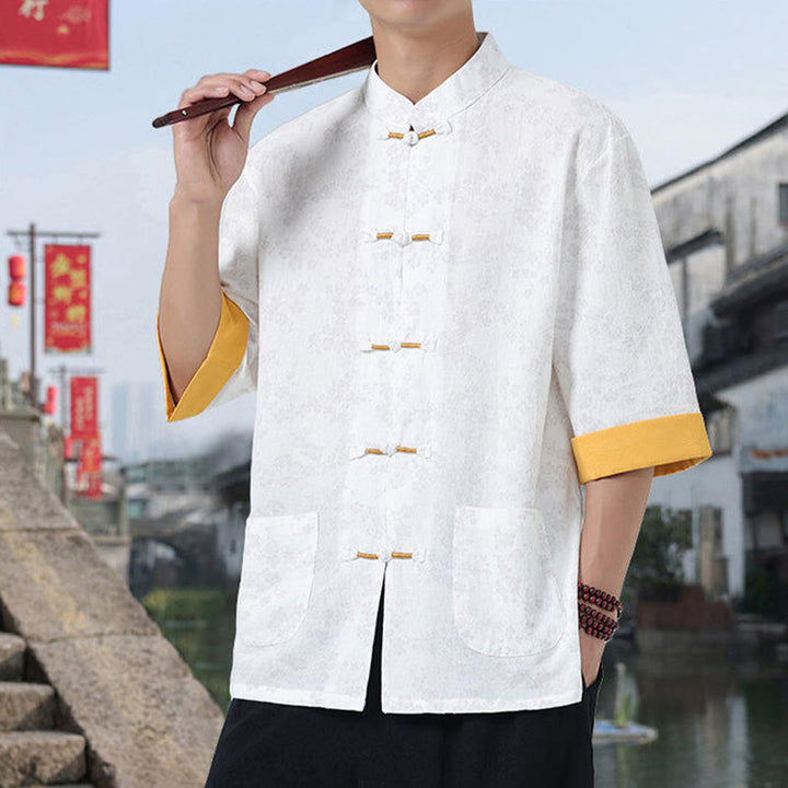 Camisa de algodón para hombre, de media manga y cuello alto, con estampado retro de flores y botones de rana, con bolsillos y estampado de piedras de Buddha Stones - image 8