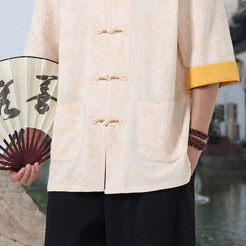 Camisa de algodón para hombre, de media manga y cuello alto, con estampado retro de flores y botones de rana, con bolsillos y estampado de piedras de Buddha Stones - image 15