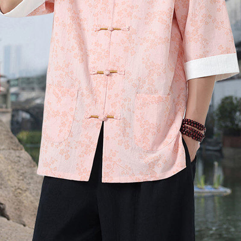 Camisa de algodón para hombre, de media manga y cuello alto, con estampado retro de flores y botones de rana, con bolsillos y estampado de piedras de Buddha Stones - image 13