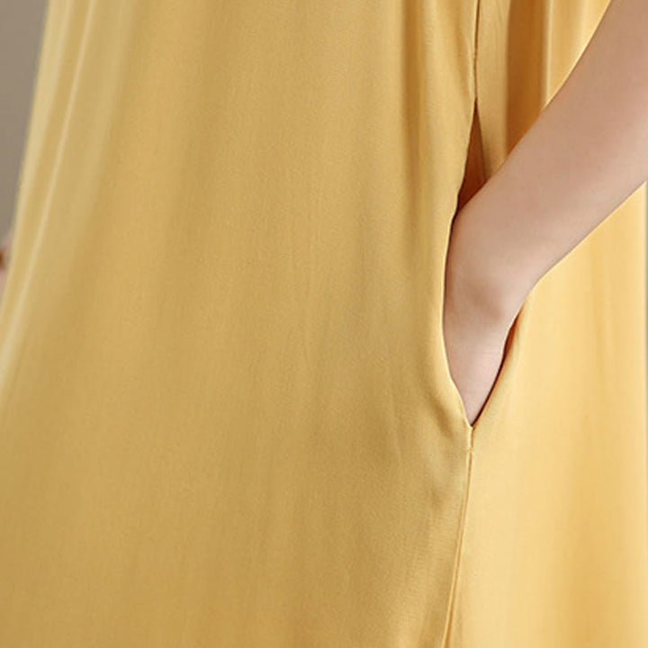 Vestido midi de algodón sin mangas con diseño de aberturas y bolsillos en color puro con Buddha Stones - image 33