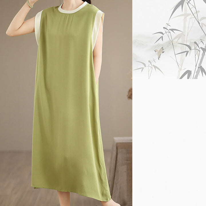 Vestido midi de algodón sin mangas con diseño de aberturas y bolsillos en color puro con Buddha Stones - image 17