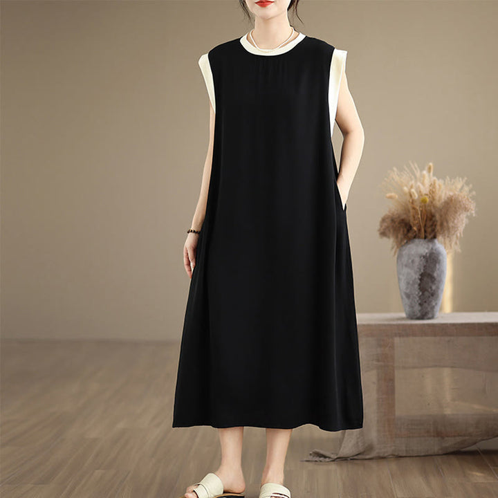 Vestido midi de algodón sin mangas con diseño de aberturas y bolsillos en color puro con Buddha Stones - Negro - US12, UK/AU16, EU44 (2XL) - image 0