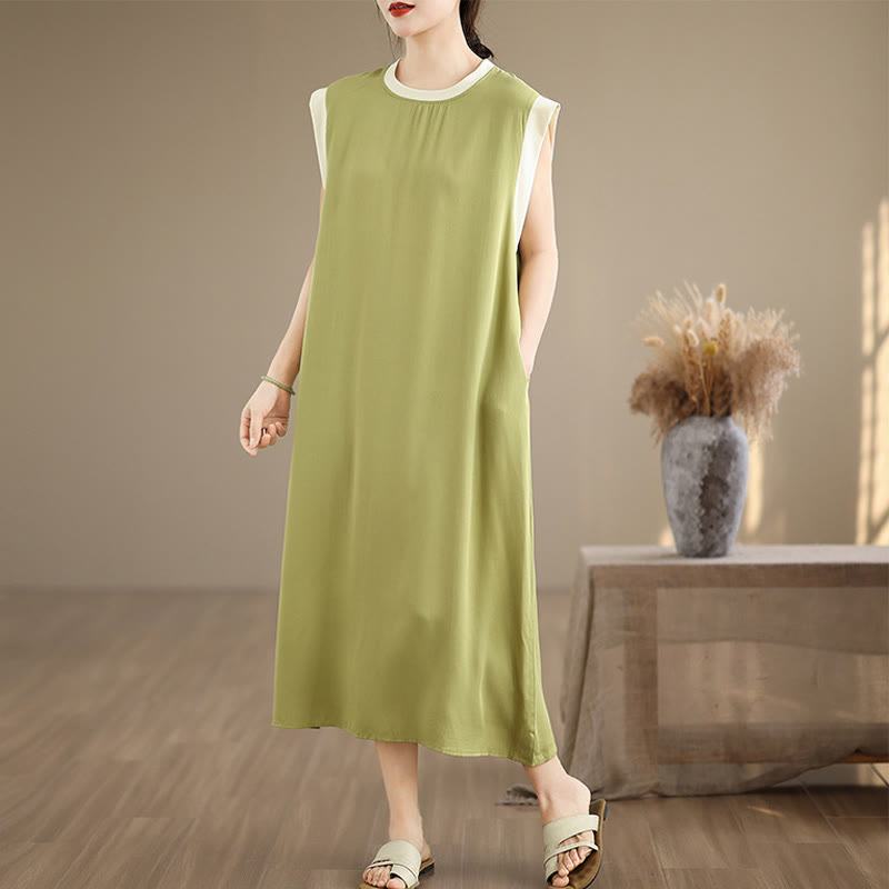 Vestido midi de algodón sin mangas con diseño de aberturas y bolsillos en color puro con Buddha Stones - Verde amarillento - US12, UK/AU16, EU44 (2XL) - image 7