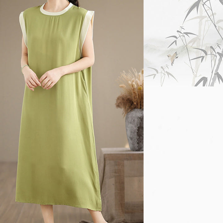 Vestido midi de algodón sin mangas con diseño de aberturas y bolsillos en color puro con Buddha Stones - image 18