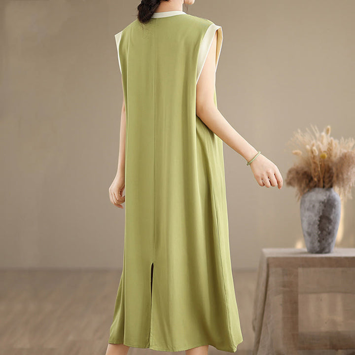 Vestido midi de algodón sin mangas con diseño de aberturas y bolsillos en color puro con Buddha Stones - image 12
