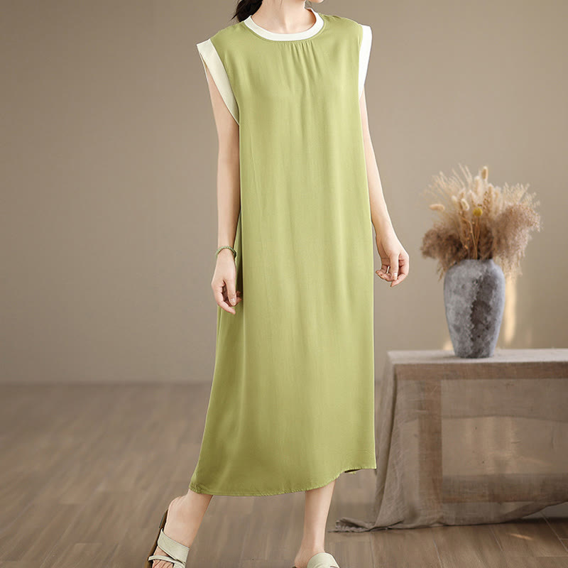 Vestido midi de algodón sin mangas con diseño de aberturas y bolsillos en color puro con Buddha Stones - image 10