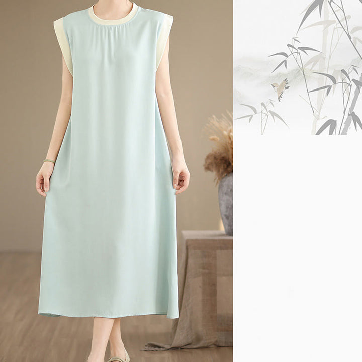 Vestido midi de algodón sin mangas con diseño de aberturas y bolsillos en color puro con Buddha Stones - image 25