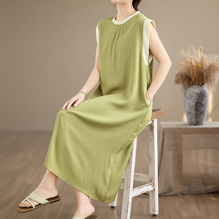 Vestido midi de algodón sin mangas con diseño de aberturas y bolsillos en color puro con Buddha Stones - image 15