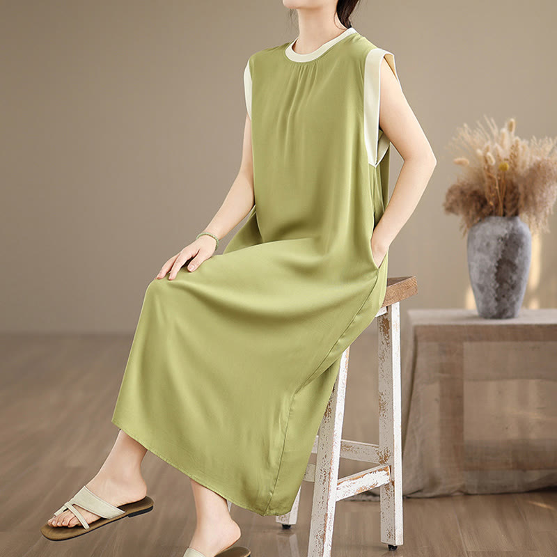 Vestido midi de algodón sin mangas con diseño de aberturas y bolsillos en color puro con Buddha Stones - image 14