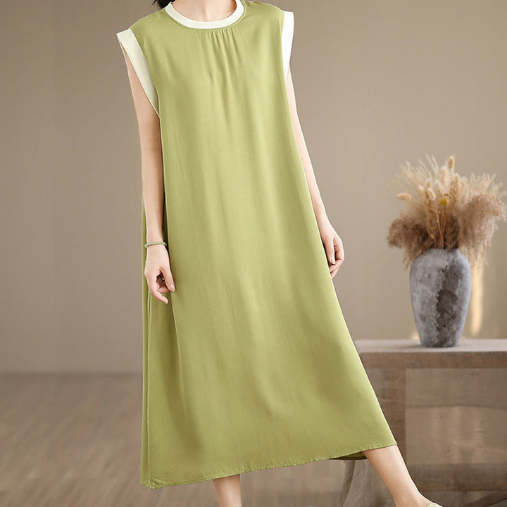 Vestido midi de algodón sin mangas con diseño de aberturas y bolsillos en color puro con Buddha Stones - image 13