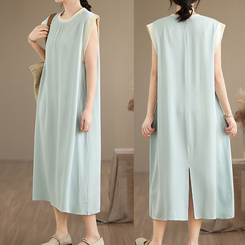 Vestido midi de algodón sin mangas con diseño de aberturas y bolsillos en color puro con Buddha Stones - image 24