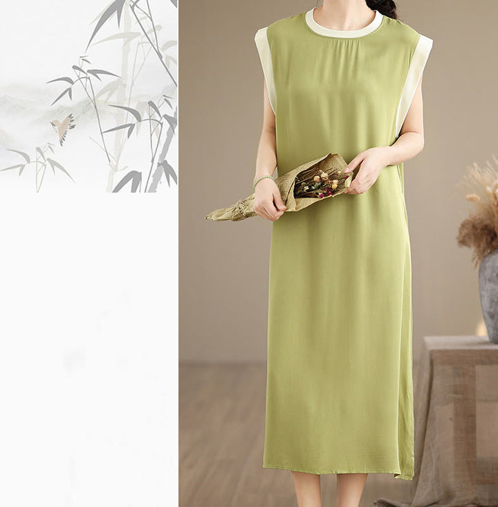 Vestido midi de algodón sin mangas con diseño de aberturas y bolsillos en color puro con Buddha Stones - image 16