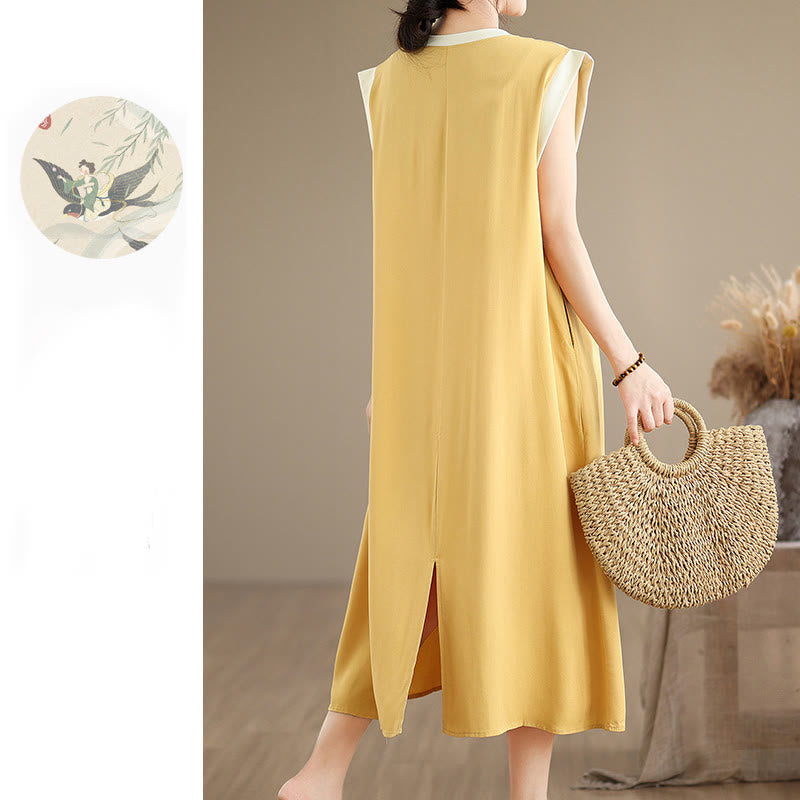 Vestido midi de algodón sin mangas con diseño de aberturas y bolsillos en color puro con Buddha Stones - image 36