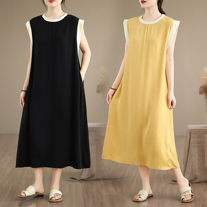 Vestido midi de algodón sin mangas con diseño de aberturas y bolsillos en color puro con Buddha Stones - image 37