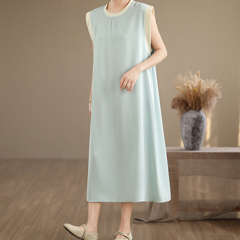 Vestido midi de algodón sin mangas con diseño de aberturas y bolsillos en color puro con Buddha Stones - image 21