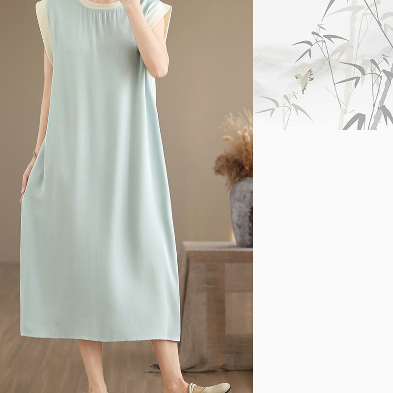 Vestido midi de algodón sin mangas con diseño de aberturas y bolsillos en color puro con Buddha Stones - image 26