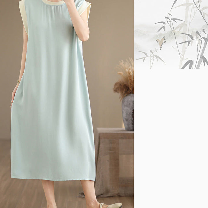 Vestido midi de algodón sin mangas con diseño de aberturas y bolsillos en color puro con Buddha Stones - image 26