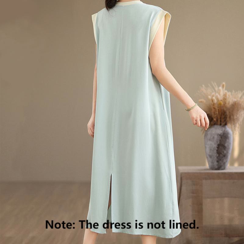 Vestido midi de algodón sin mangas con diseño de aberturas y bolsillos en color puro con Buddha Stones - image 20