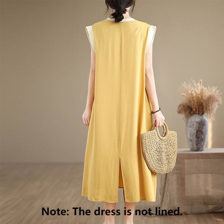 Vestido midi de algodón sin mangas con diseño de aberturas y bolsillos en color puro con Buddha Stones - image 28