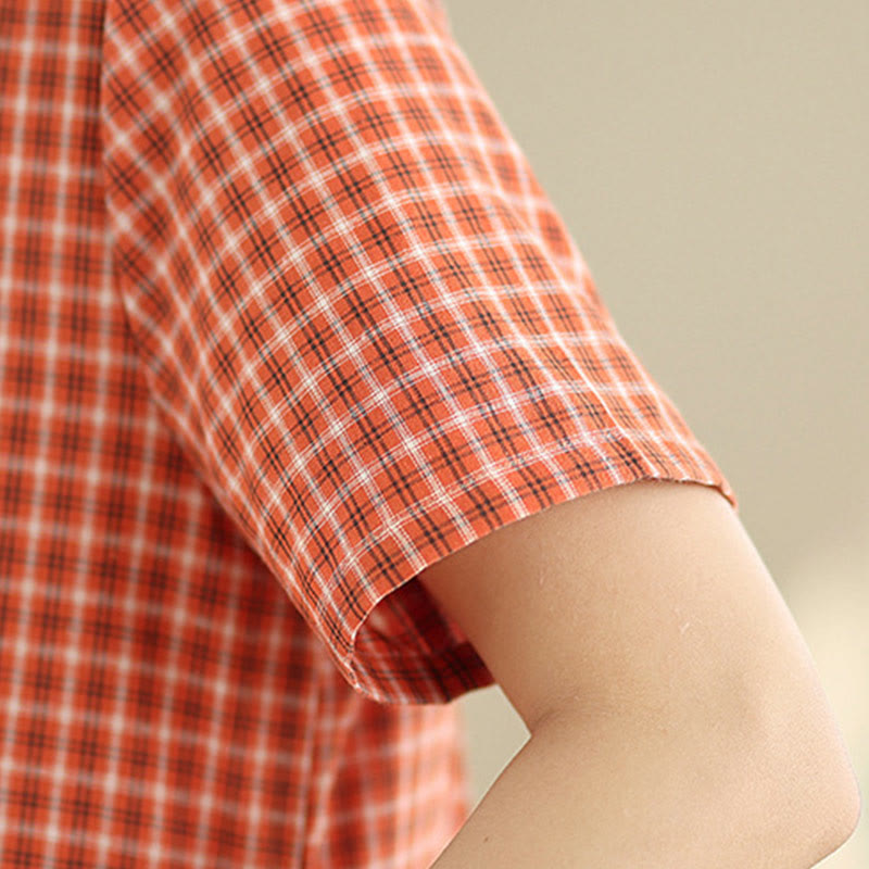 Vestido midi de lino y algodón de manga corta con bolsillos y estampado a cuadros Buddha Stones Commute, diseño sencillo - image 8