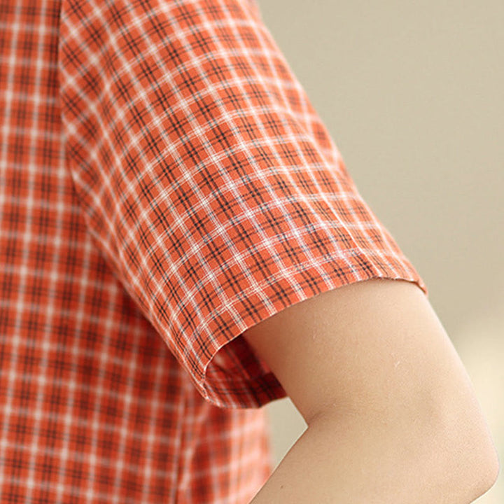 Vestido midi de lino y algodón de manga corta con bolsillos y estampado a cuadros Buddha Stones Commute, diseño sencillo - image 8