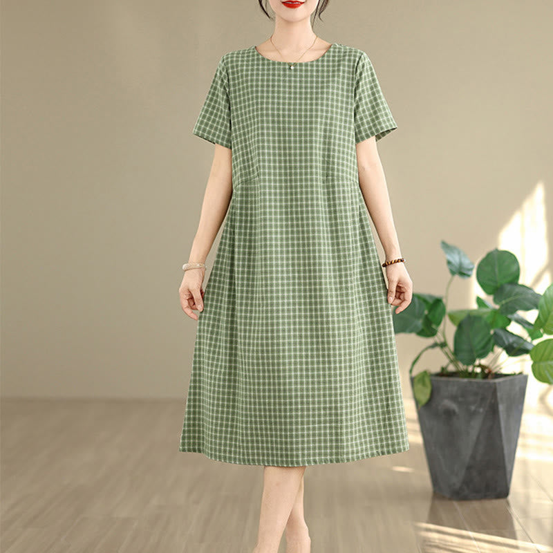 Vestido midi de lino y algodón de manga corta con bolsillos y estampado a cuadros Buddha Stones Commute, diseño sencillo - image 17