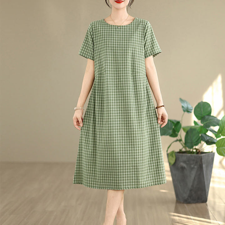 Vestido midi de lino y algodón de manga corta con bolsillos y estampado a cuadros Buddha Stones Commute, diseño sencillo - image 17