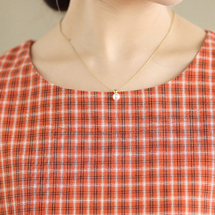 Vestido midi de lino y algodón de manga corta con bolsillos y estampado a cuadros Buddha Stones Commute, diseño sencillo - image 7