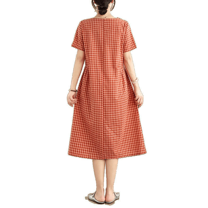 Vestido midi de lino y algodón de manga corta con bolsillos y estampado a cuadros Buddha Stones Commute, diseño sencillo - image 7