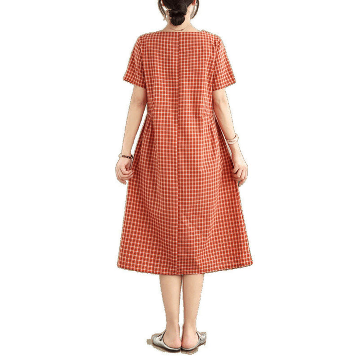 Vestido midi de lino y algodón de manga corta con bolsillos y estampado a cuadros Buddha Stones Commute, diseño sencillo - image 7