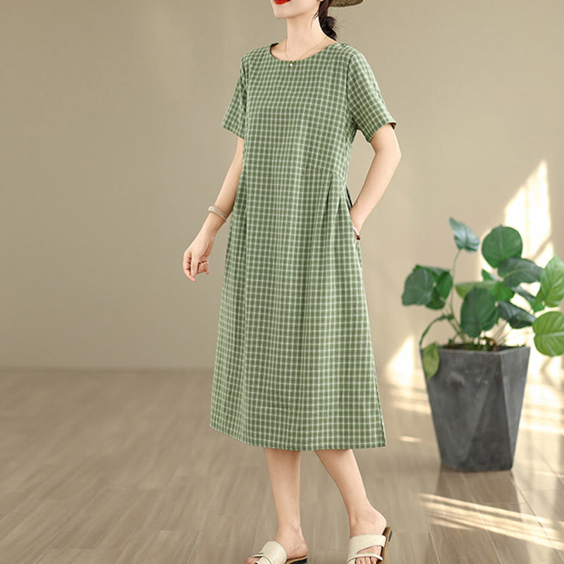 Vestido midi de lino y algodón de manga corta con bolsillos y estampado a cuadros Buddha Stones Commute, diseño sencillo - image 16