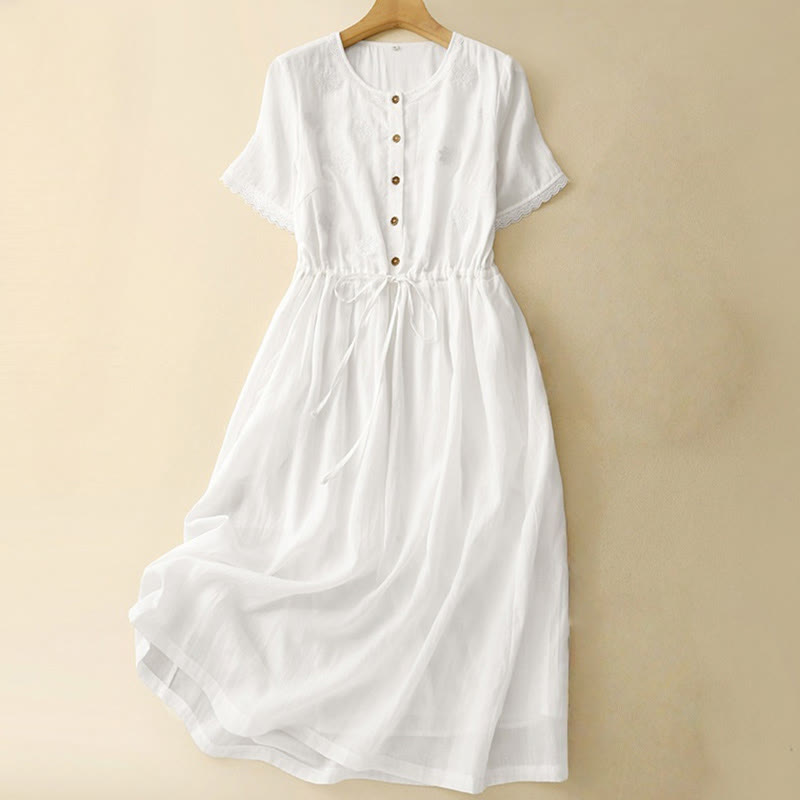 Vestido midi de algodón y lino con volantes, manga corta, bordado Buddha Stones Commute, plisado, botones y cordón ajustable - Blanco - US8-10，UK/AU12-14，EU40-42 (2XL) - image 0