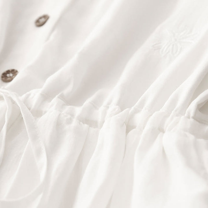 Vestido midi de algodón y lino con volantes, manga corta, bordado Buddha Stones Commute, plisado, botones y cordón ajustable - image 5