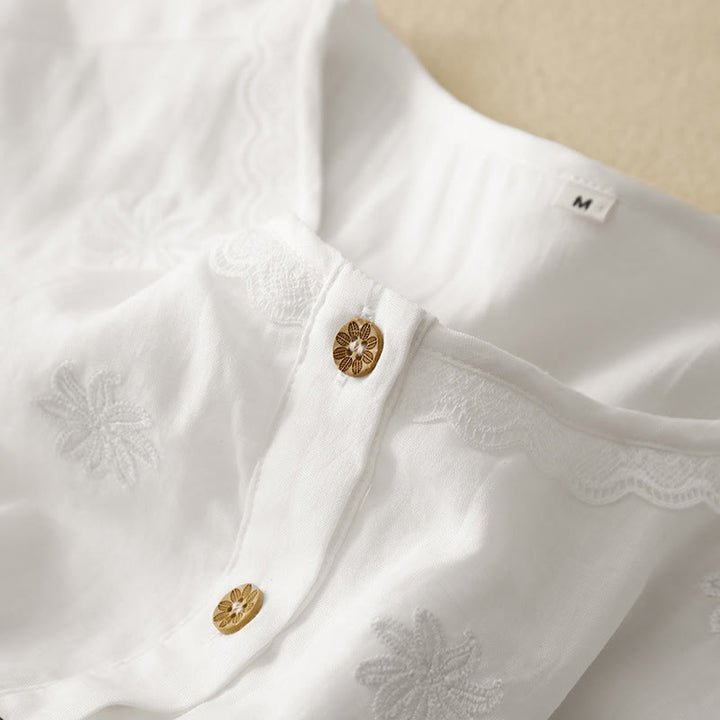 Vestido midi de algodón y lino con volantes, manga corta, bordado Buddha Stones Commute, plisado, botones y cordón ajustable - image 4