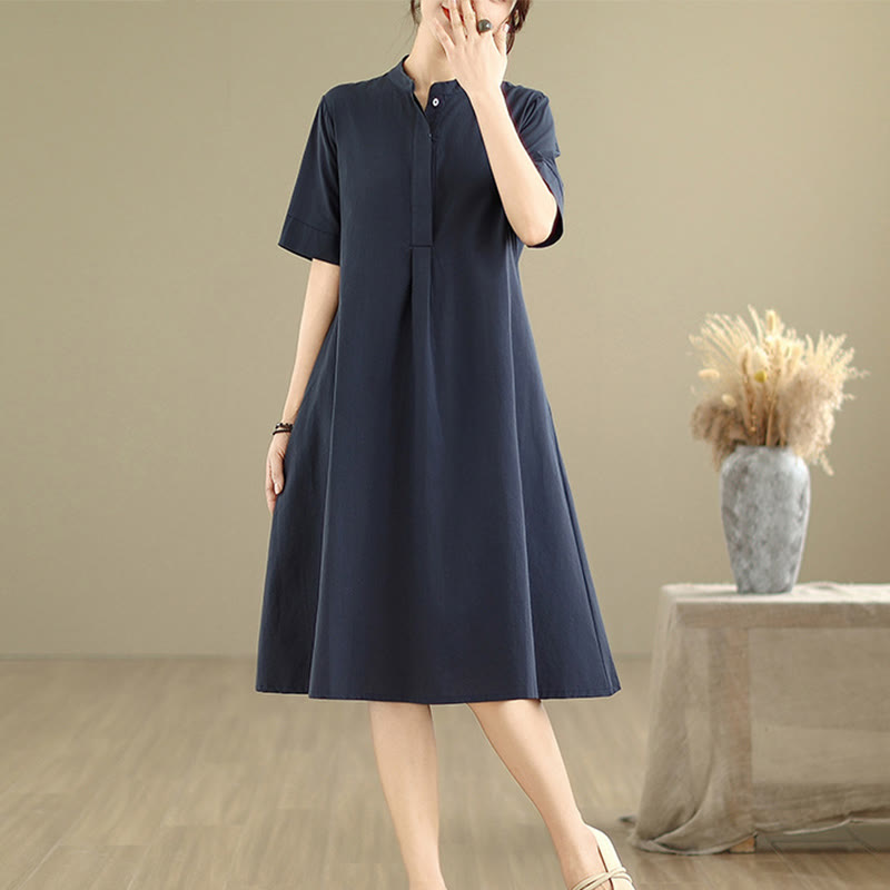 Vestido midi de algodón de media manga con diseño sencillo y bolsillos, estampado a cuadros Buddha Stones Commute - Azul medianoche - US8-10，UK/AU12-14，EU40-42 (2XL) - image 0