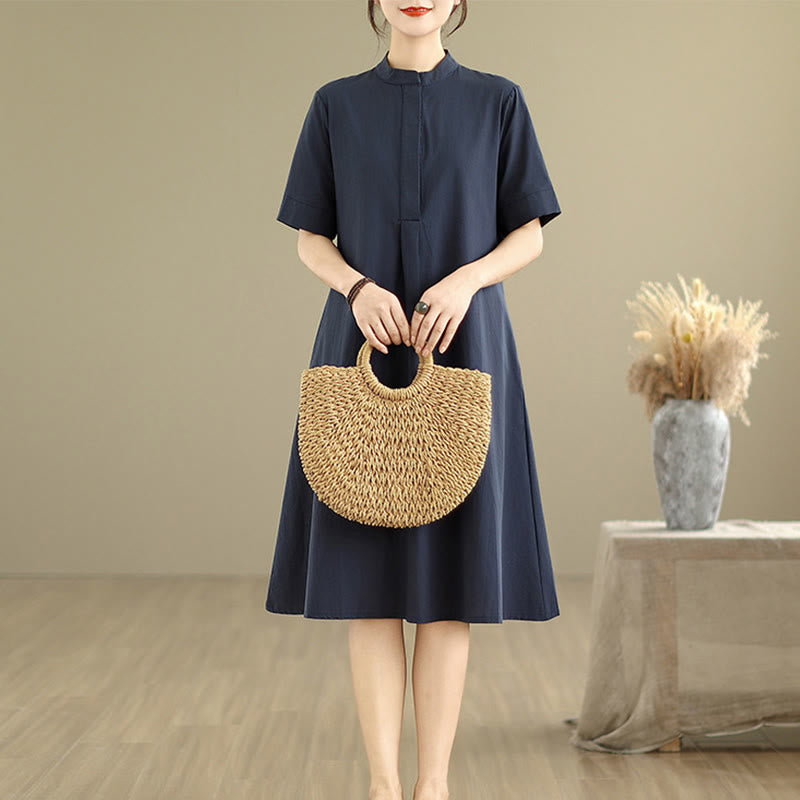 Vestido midi de algodón de media manga con diseño sencillo y bolsillos, estampado a cuadros Buddha Stones Commute - image 2