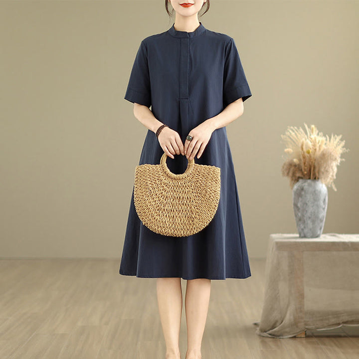 Vestido midi de algodón de media manga con diseño sencillo y bolsillos, estampado a cuadros Buddha Stones Commute - image 2