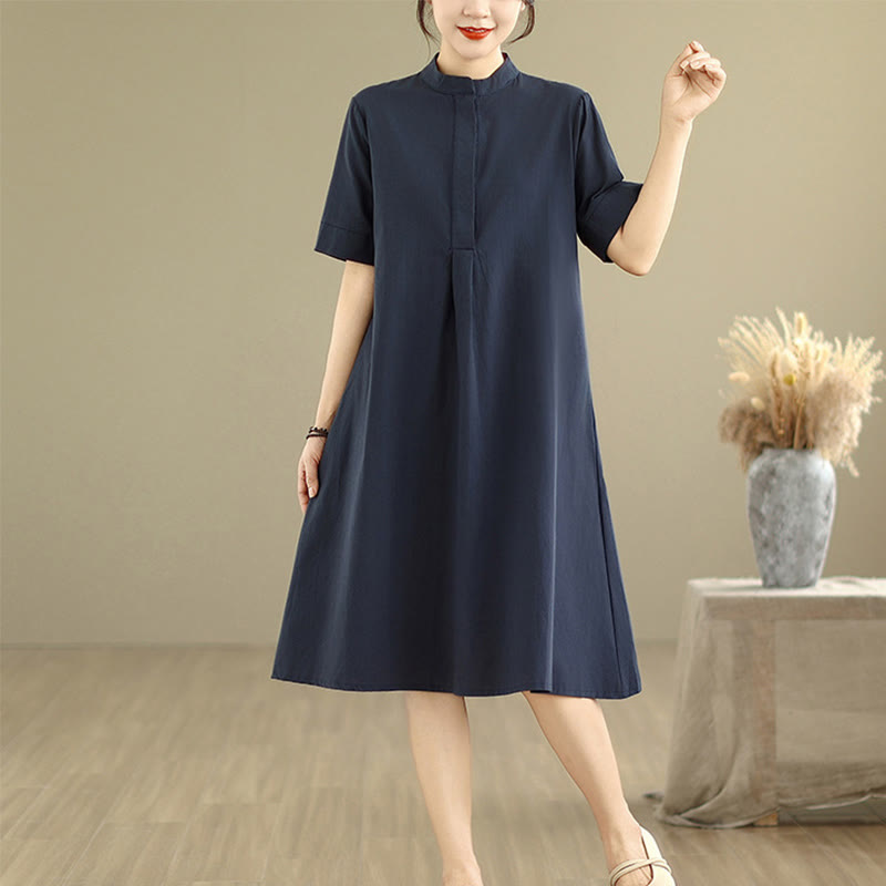 Vestido midi de algodón de media manga con diseño sencillo y bolsillos, estampado a cuadros Buddha Stones Commute - image 5