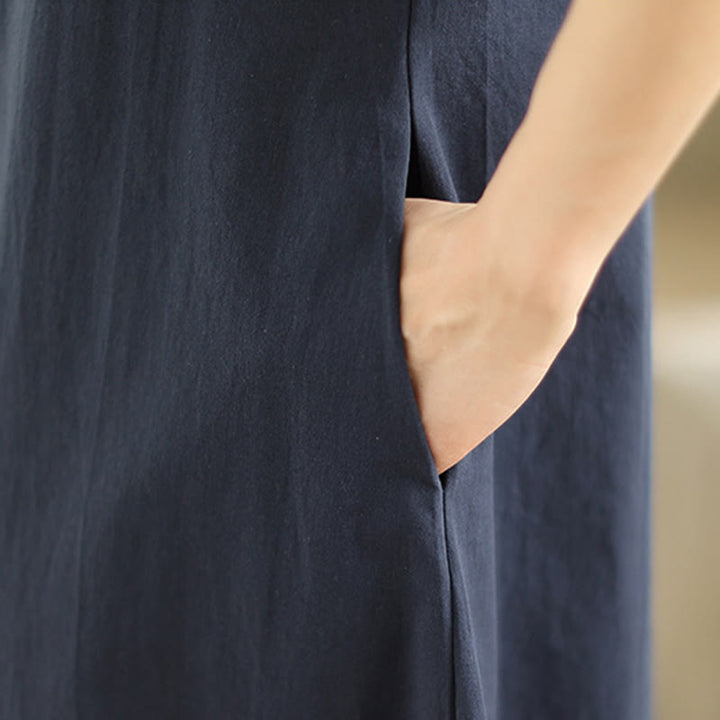 Vestido midi de algodón de media manga con diseño sencillo y bolsillos, estampado a cuadros Buddha Stones Commute - image 8