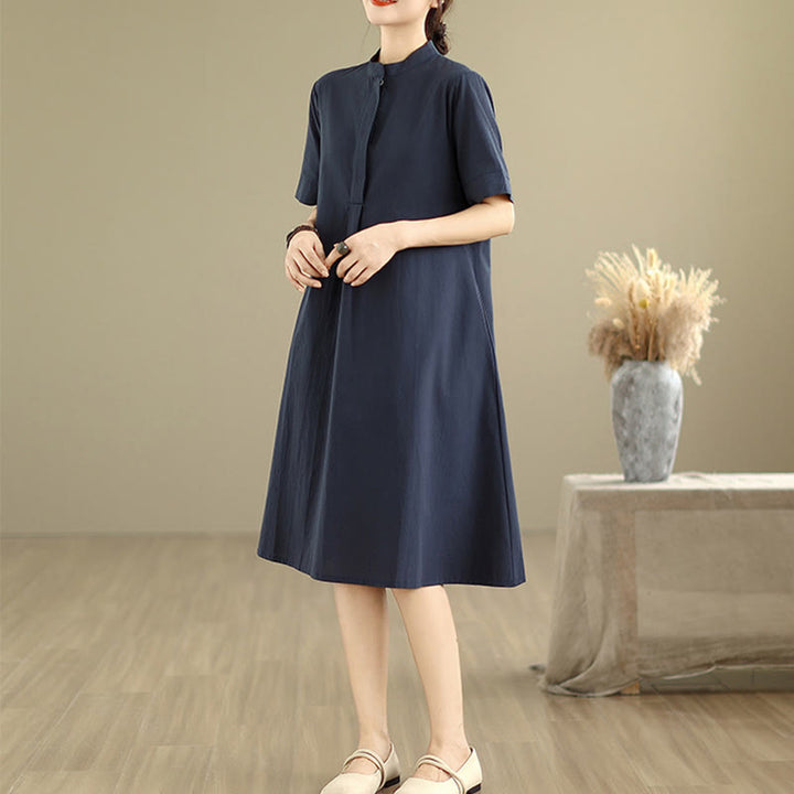 Vestido midi de algodón de media manga con diseño sencillo y bolsillos, estampado a cuadros Buddha Stones Commute - image 3