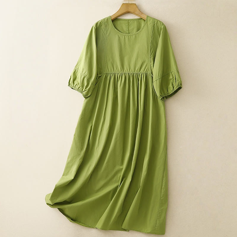 Vestido midi vintage de algodón y lino con diseño sencillo, mangas abullonadas de tres cuartos y bolsillos, con cordones y estampado de Buddha Stones - Verde amarillento - US12, UK/AU16, EU44 (2XL) - image 0