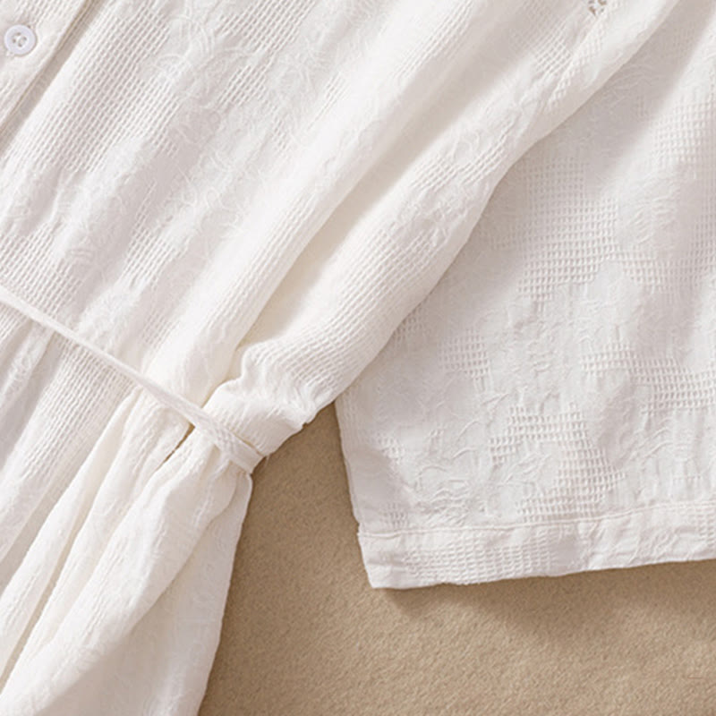 Vestido midi de algodón de manga corta con bolsillos y diseño jacquard liso y hueco de Buddha Stones para verano - image 3