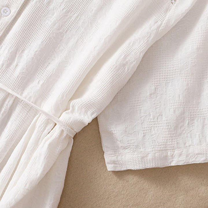 Vestido midi de algodón de manga corta con bolsillos y diseño jacquard liso y hueco de Buddha Stones para verano - image 3