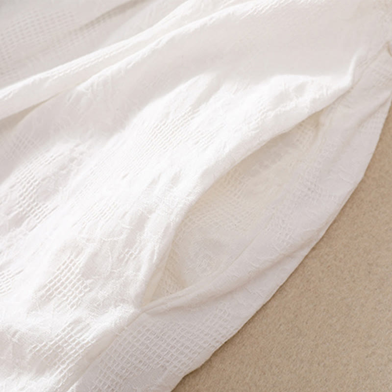 Vestido midi de algodón de manga corta con bolsillos y diseño jacquard liso y hueco de Buddha Stones para verano - image 4