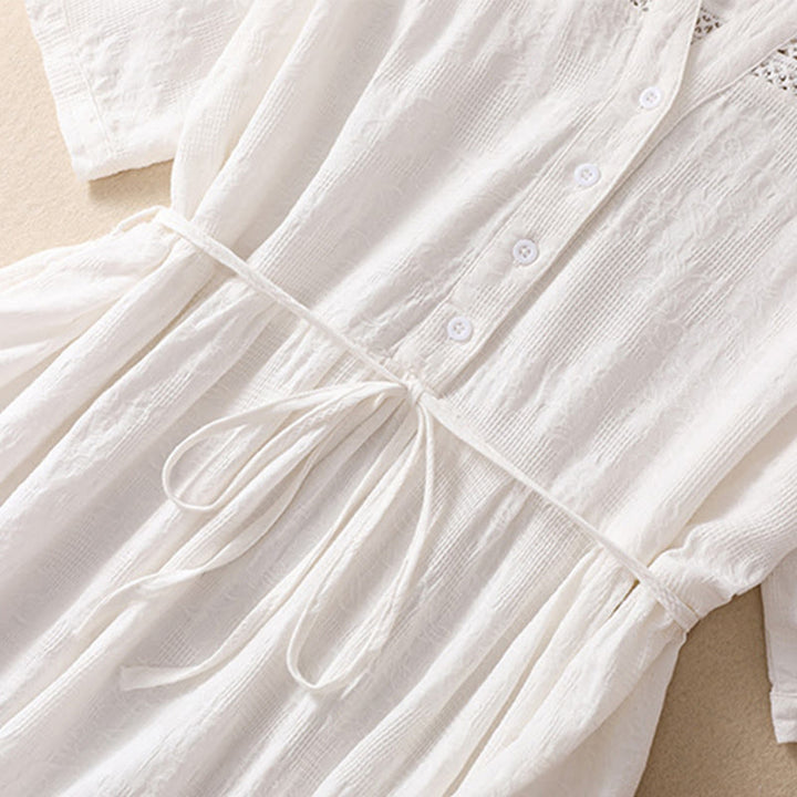 Vestido midi de algodón de manga corta con bolsillos y diseño jacquard liso y hueco de Buddha Stones para verano - image 5