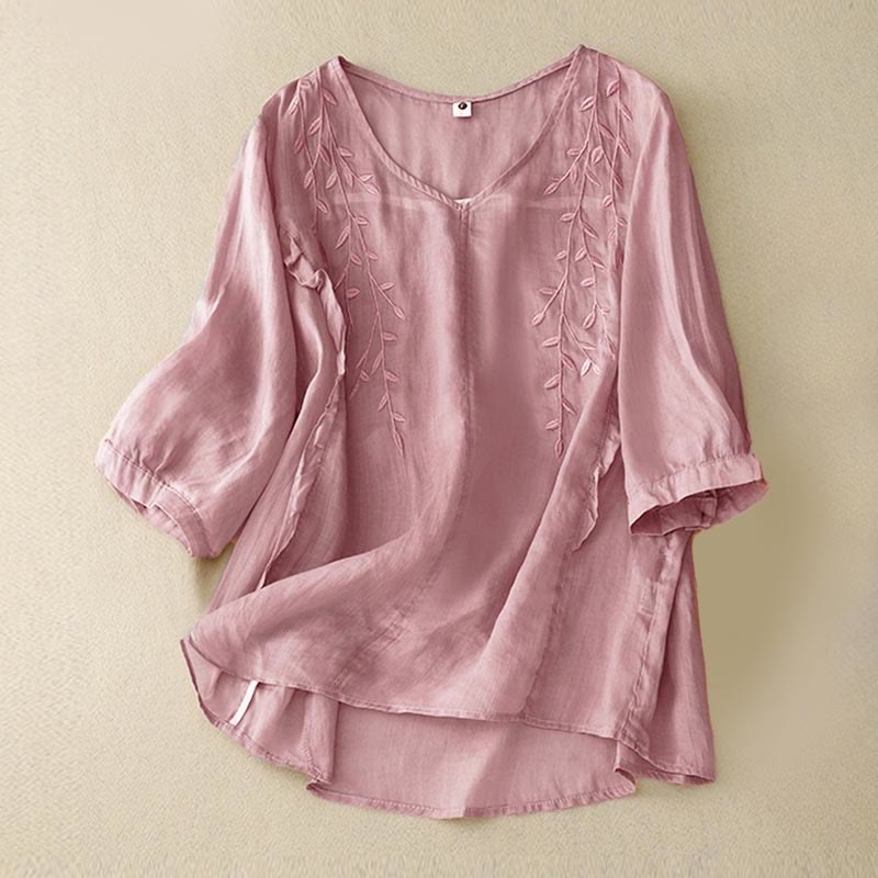 Camisa informal con cuello en V y media manga con bordado de hojas de sauce y Buddha Stones para mujer - RosyBrown - US8-10，UK/AU12-14，EU40-42 (2XL) - image 0