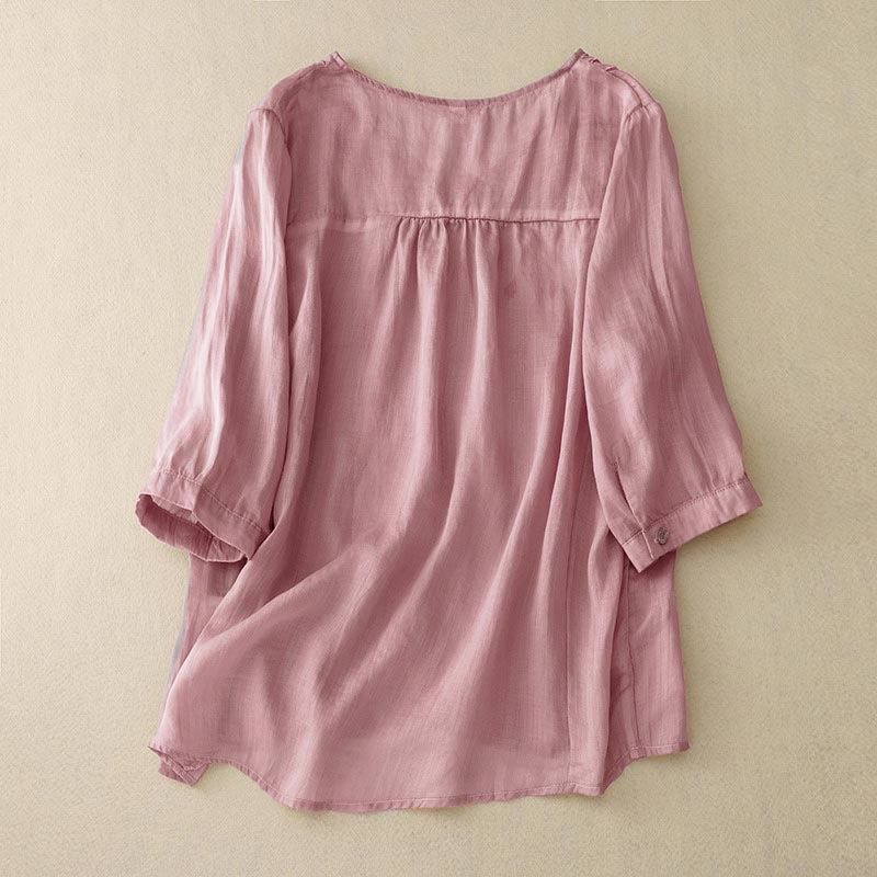 Camisa informal con cuello en V y media manga con bordado de hojas de sauce y Buddha Stones para mujer - image 1