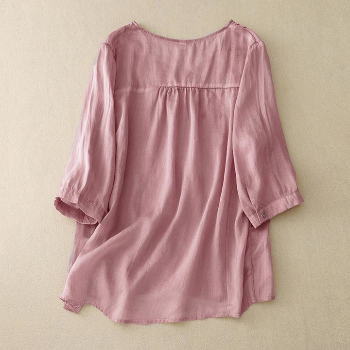 Camisa informal con cuello en V y media manga con bordado de hojas de sauce y Buddha Stones para mujer - image 1